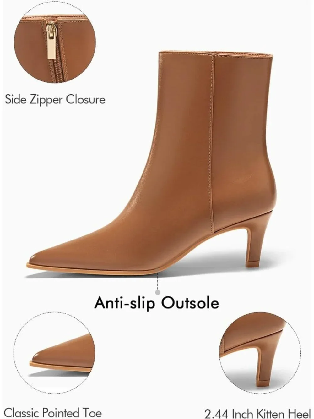 Women Light Brown Pu Kitten Heel Faux Leather Pointed Toe Side Zipper Ankle Boot